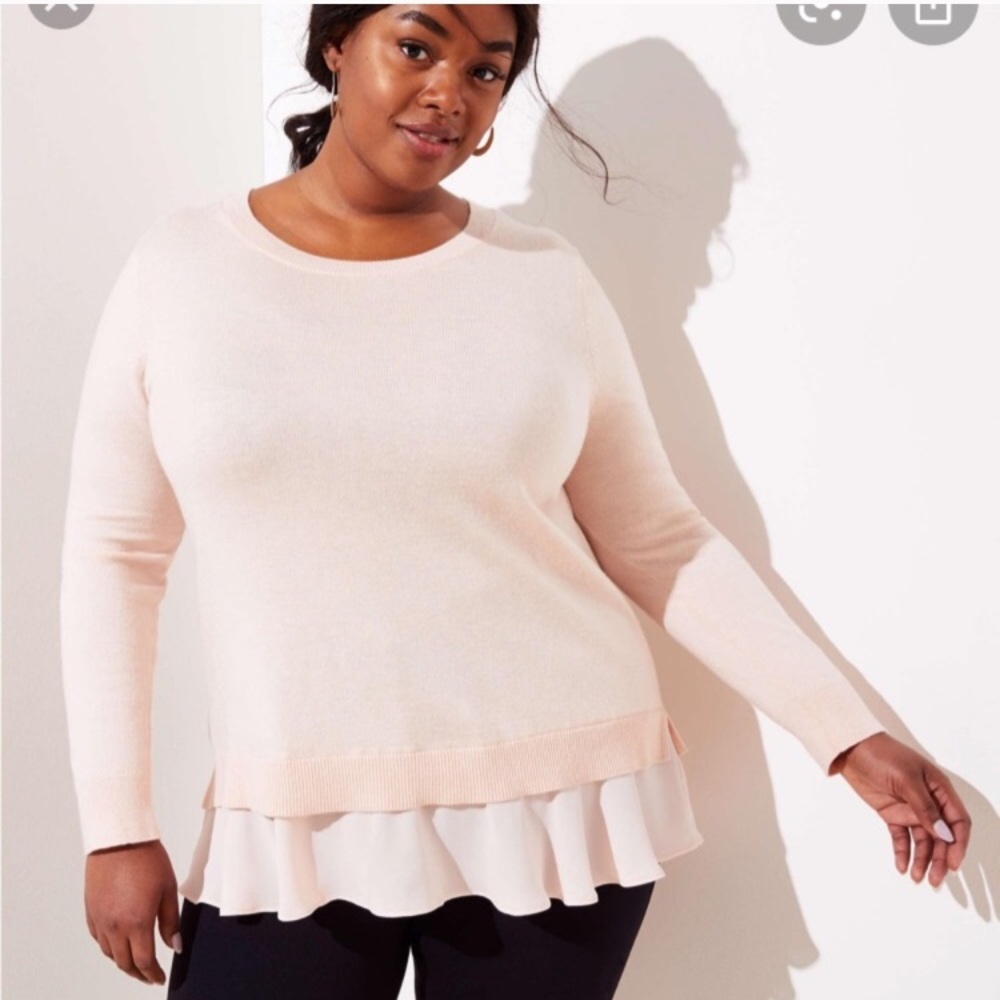 LOFT Mixed Media Ruffle Trim Light Pink Sweater
